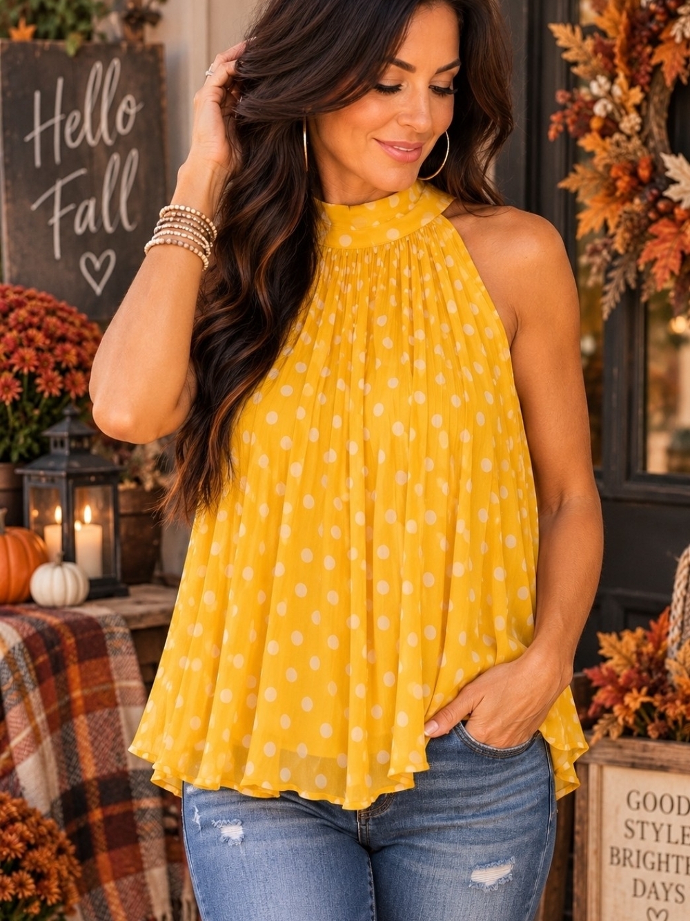 Karl Lagerfeld Yellow Polka Dot Halter Camisole